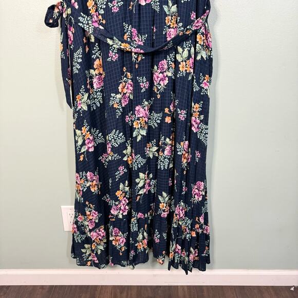 LC Lauren Conrad Floral Waffle Wrap Tie Ruffle Maxi Dress Navy Blue 4X Plus NWT - Picture 12 of 12